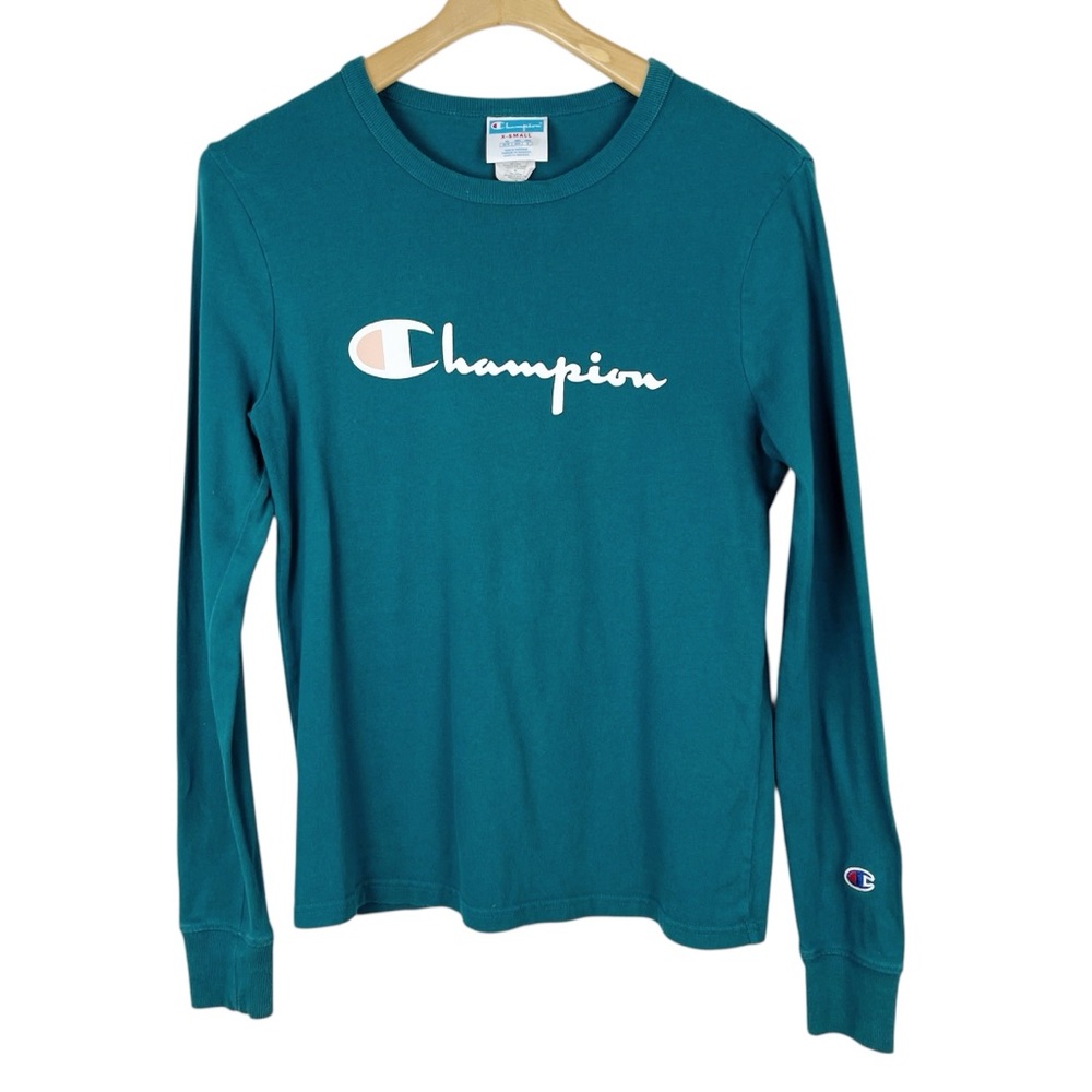 Vintage Champion Long Sleeve Shirt Script Logo Dark Teal Size XS